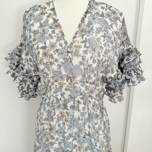 Minkpink Blue Floral Maxi Frill Ruffle Dress Size L Brunch Work Cruise Wear